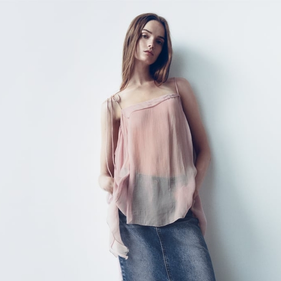 ZARA SEMI-SHEER DUSTY PINK VOLUMINOUS BLOUSE M-L - Picture 3 of 11